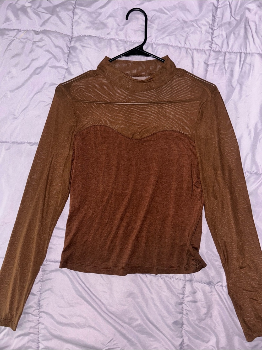 Women's Brown Long-Sleeve Mesh Top